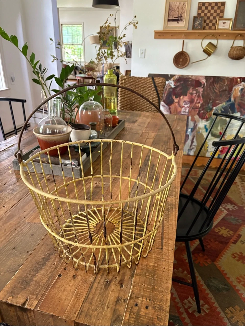 Vintage Distressed Yellow Wire Metal Egg Collection Gathering Handled Basket
